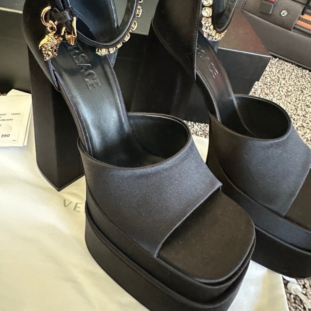 Versace Aevitas platform heels, with medusa charm